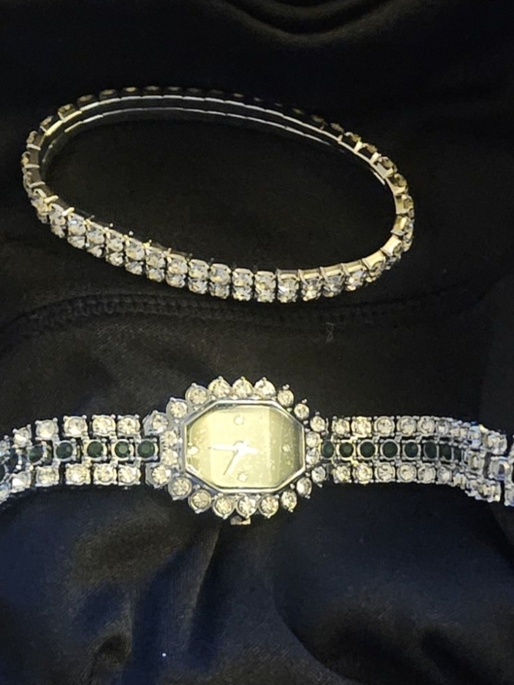 Rhinestone Tennis Bracelet and Crystal Watch Set in Silver Tone